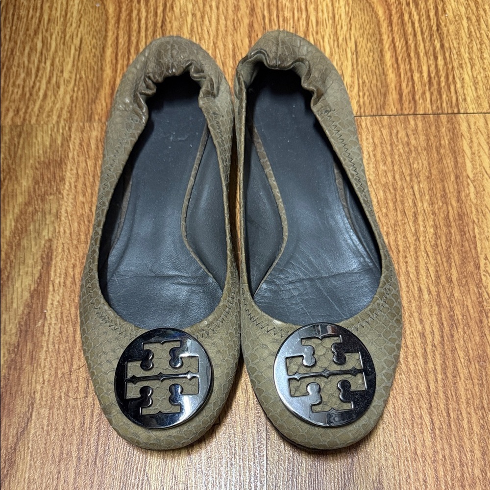 Tory Burch Tan Textured Flats with Silver Logo